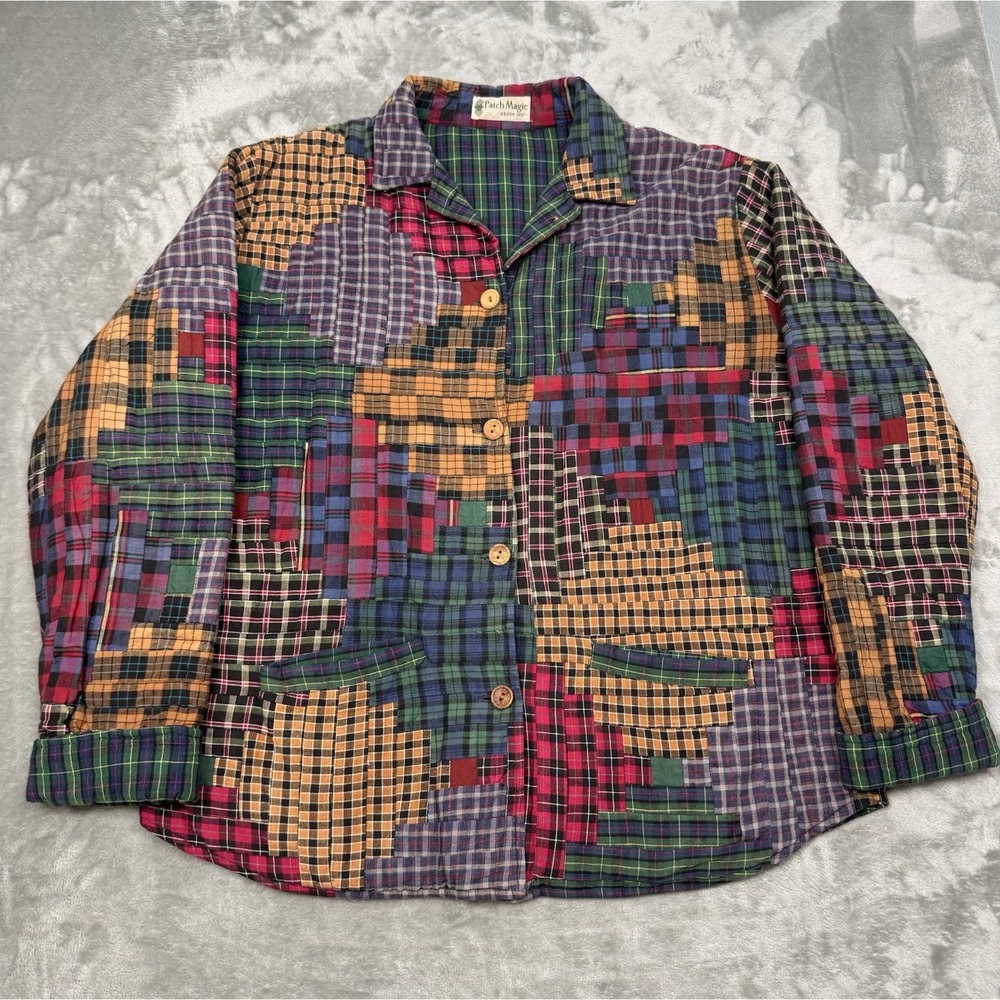 Vintage Patch Magic Jacket 2XL Harvest Log Cabin Patchwork Quilted 90s Plaid